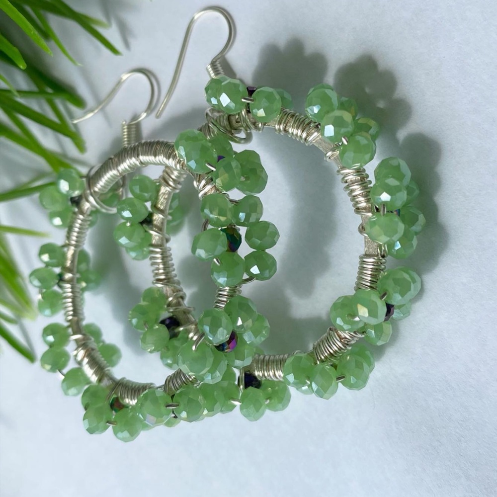 Handmade Silver Hoop Earrings with Mint Green Faceted Beads